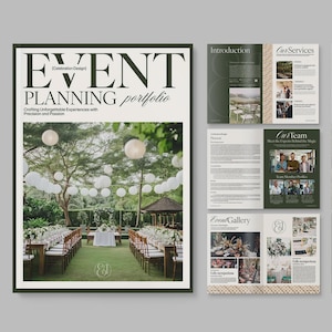 May include: A multi-page event planning portfolio brochure featuring a dark green and white color scheme. The cover displays the text EVENT PLANNING portfolio and a photograph of an outdoor wedding reception with white paper lanterns.
