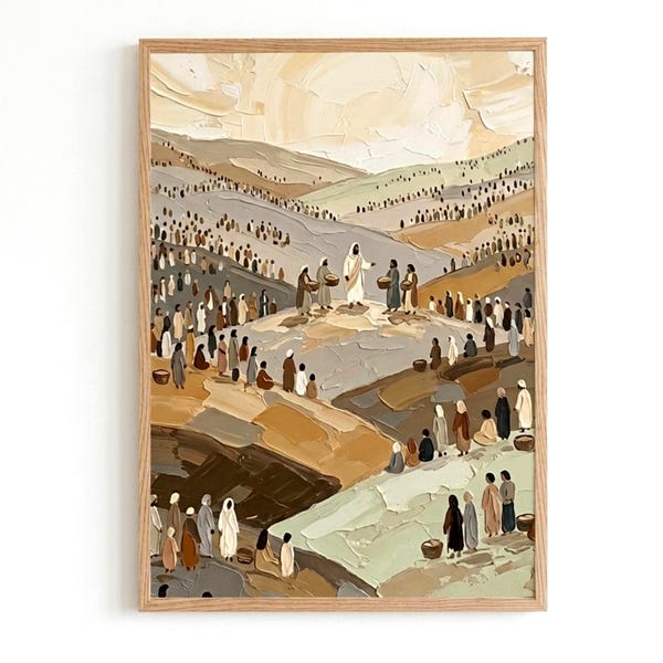 Feeding of the 5000 Painting, Miracle of Loaves and Fishes Print, Modern Palette Knife Catholic Poster, Kitchen Dining Room Christian Art