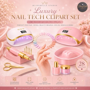 May include: A digital illustration featuring nail tech tools and supplies. The image includes two nail lamps, a nail drill, nail polish, and a nail soak bowl. The text reads "Luxury Nail Tech Clipart Set" and "28 High Quality PNGs".