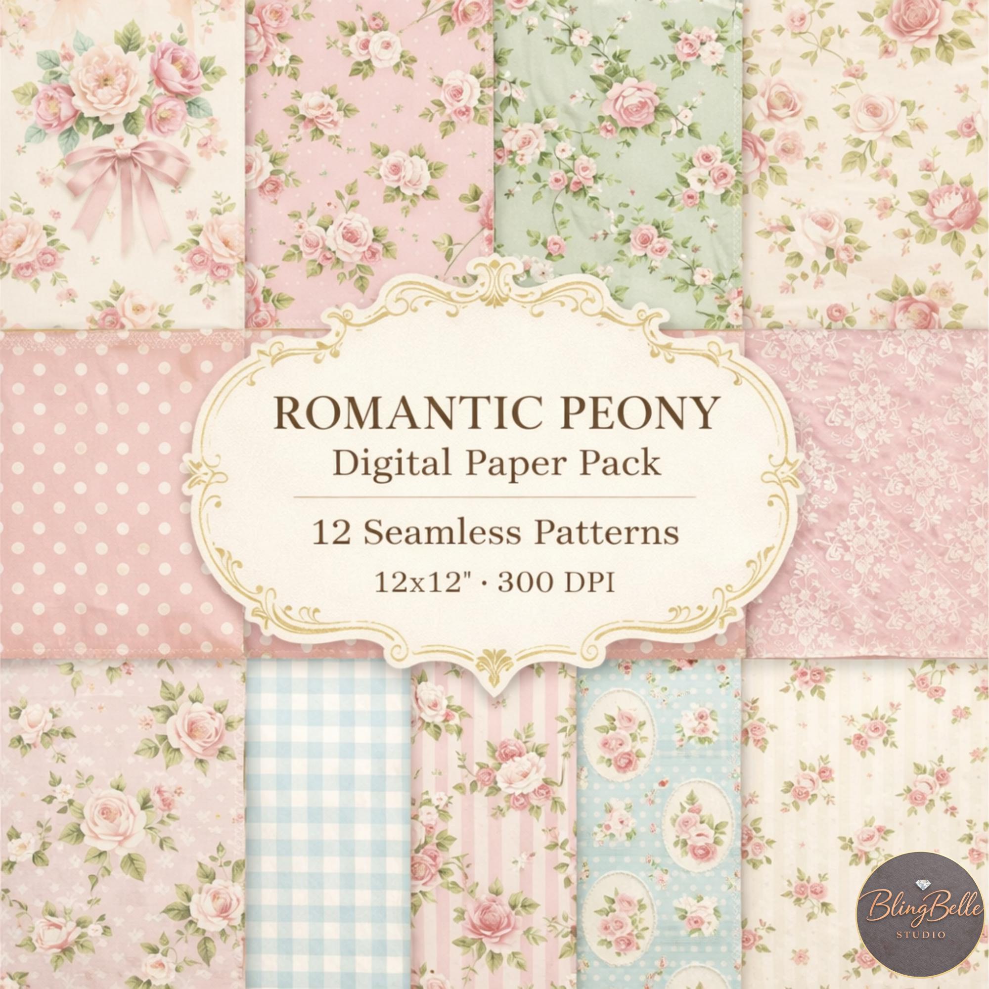 12 Romantic Peony Digital Paper Pack, Shabby Chic Floral Scrapbook ...
