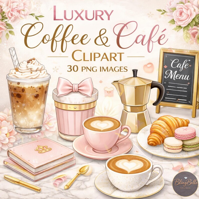 Luxury Coffee Watercolor Clipart Set, Feminine Drinks and Pastries ...