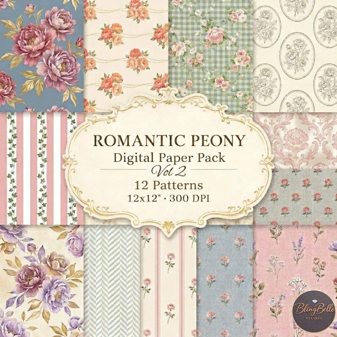 12 Romantic Peony Digital Paper Vol 2, Vintage Floral Seamless Patterns ...