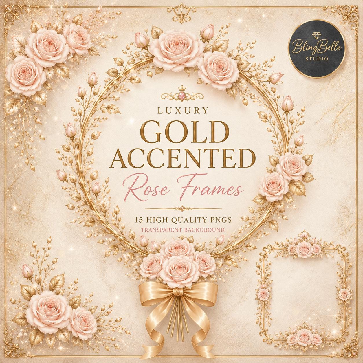 Luxury Rose Frames & Corners Clipart PNG | 15 Gold Accented Blush ...