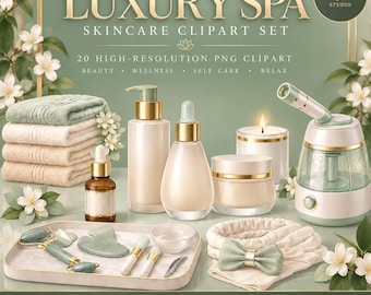 20 Spa & Facial Clipart PNG Set | Skincare Clinic Digital Graphics | Wellness Branding Files