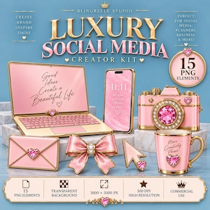 May include: A digital creator kit featuring pink and gold elements including a laptop with text Good Ideas Create a Beautiful Life, a smartphone displaying 11:11, a camera, an envelope, a bow, a cursor, and a mug with More Creativity Please text.