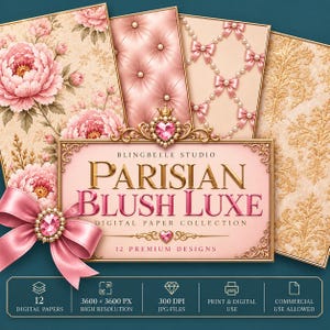 Puede incluir: Una colección de papel digital titulada Parisian Blush Luxe con doce diseños de patrones florales rosas, texturas capitoné, motivos de perlas y lazos, y damasco dorado. El marco dorado central muestra el texto y una gema de corazón rosa.