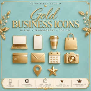 May include: A digital collection of gold business icons on a light blue background. The set includes a laptop, smartphone, coffee cup, shopping bag, credit card, envelope, calendar, camera, location pin, and star. Text reads BLINGBELLE STUDIO.