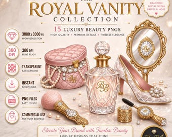 15 Luxury Beauty Clipart PNG, Pink Gold Vanity Set, Perfume Heels Planner Graphics