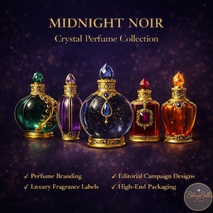 May include: Five decorative crystal perfume bottles in green, purple, blue, red, and orange, with gold detailing. The image is labelled "MIDNIGHT NOIR Crystal Perfume Collection." The image also includes text about perfume branding, luxury fragrance labels, editorial campaign designs, and high-end packaging.