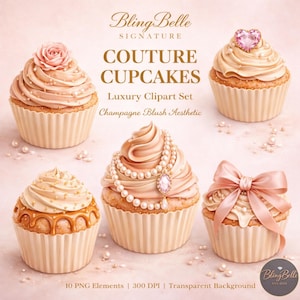 Puede incluir: Imagen de cinco cupcakes con glaseado color champán, cada uno decorado de forma única con una rosa, una gema en forma de corazón, un collar de perlas, caramelo y un lazo rosa. El texto dice "COUTURE CUPCAKES" y "Champagne Blush Aesthetic."