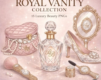 15 Luxury Beauty Clipart PNG, Pink Gold Vanity Set, Perfume Heels Planner Graphics