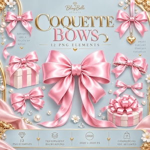Puede incluir: Una colección digital de 12 elementos PNG de lazos de satén rosa con varios estilos de lazos, cajas de regalo y detalles de perlas. El texto dice COQUETTE BOWS, 12 PNG ELEMENTS, 2000 X 2000 PX y COMMERCIAL USE ALLOWED sobre fondo azul claro.