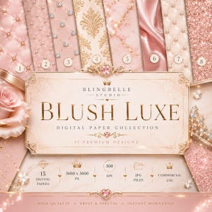 Blush Pink Digital Paper, 15 Luxury Backgrounds, Quilted Patterns, Commercial Use