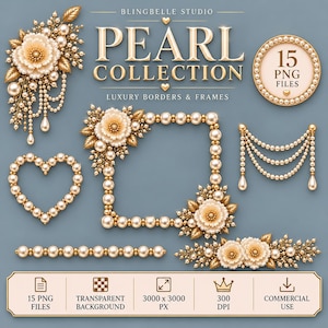 Könnte beinhalten: Ein digitales Grafikset mit dem Titel BLINGBELLE STUDIO PEARL COLLECTION, das 15 PNG-Dateien mit luxuriösen Rändern und Rahmen enthält. Die Sammlung umfasst Blumenarrangements aus Perlen und Gold, einen herzförmigen Perlenrahmen und Perlengirlanden.