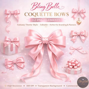 以下が含まれることがあります： 様々なスタイルのピンク色のコケットリボンコレクション。リボンやギフトボックスのリボンなど。画像には「Bling Belle」と「Coquette Bows」の文字が表示され、要素がPNGファイルであり、ブランディングやプランナーに最適であることを示すテキストも含まれています。