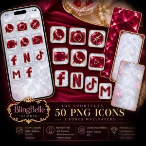 50 ícones de aplicativos para iPhone em PNG, ícones de Atalhos do iOS, tema Cristal Vermelho, download digital