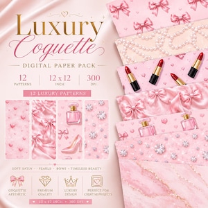 Può includere: Pacchetto di carta digitale "Luxury Coquette" con 12 modelli, formato 30,48 x 30,48 cm e 300 DPI. Il design include raso rosa, perle, fiocchi ed elementi di bellezza senza tempo. Perfetto per progetti creativi.