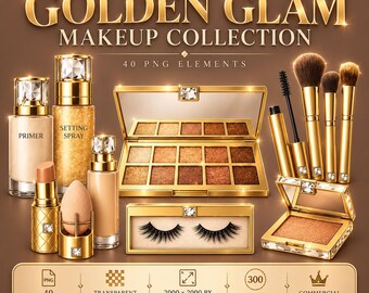 May include: A digital collection of 40 gold-themed makeup elements including a primer, setting spray, lipstick, foundation, eyeshadow palette, false eyelashes, makeup brushes, and a compact powder, all featuring gold accents and crystal details.