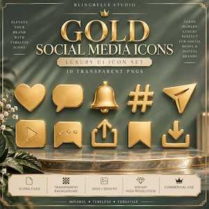 May include: A set of ten gold social media icons in a luxury UI icon set. The icons include a heart, speech bubble, bell, hashtag, paper plane, play button, chat bubble with dots, upload arrow, bookmark, and download arrow, all presented as transparent PNGs.