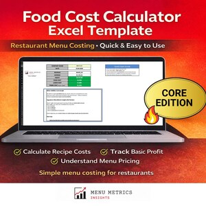 May include: A laptop displaying an Excel template for food cost calculation. The screen shows a spreadsheet with data and the text "Food Cost Calculator Excel Template." Additional text includes "Restaurant Menu Costing" and "Core Edition."