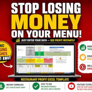 Restaurant Profit Excel Template Food Cost Calculator Menu Pricing Spreadsheet with Inflation Tracker Color Coded Profit Analysis Tool