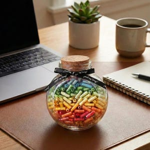 Pode incluir: Um frasco de vidro redondo cheio de rolos de papel coloridos em um gradiente de arco-íris. Possui uma tampa de cortiça e uma fita preta com a inscrição "Just for You". O frasco está sobre um tapete de mesa marrom.