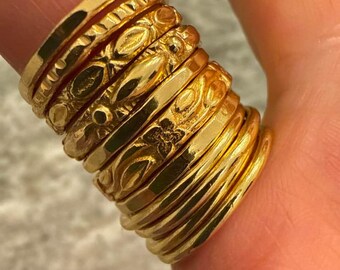 Gold Plated Stacking Ring Set, Minimalist Hammered Textured Bands, Boho Everyday Jewelry