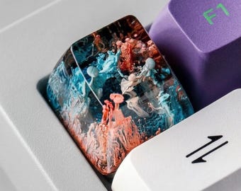 Copritasto in resina oceanica, copritasto artigianale con motivo barriera corallina blu e arancione, arte astratta per tastiera meccanica, regalo unico per appassionati di videogiochi