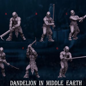 Può includere: Una collezione di miniature grigie di Orchi dal Signore degli Anelli. Ogni figura è raffigurata con un'arma diversa, tra cui spade e picconi. Le figure sono ambientate su uno sfondo blu scuro. Il testo "DANDELION IN MIDDLE EARTH" è in basso.