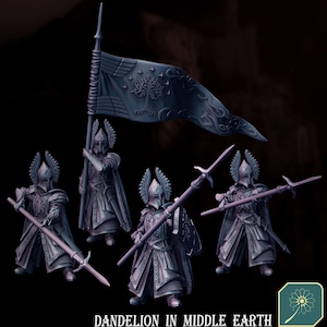 Può includere: Quattro figure in miniatura di guerrieri corazzati, ognuno con una lancia o uno stendardo. Lo stendardo presenta un disegno ad albero e stella. Le figure sono di colore scuro e il testo "DANDELION IN MIDDLE EARTH" è in basso.