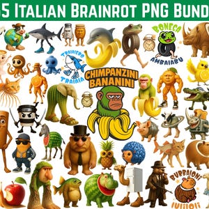 May include: A collection of 65 cartoon illustrations with various anthropomorphic characters. The characters include a shark in sneakers, a monkey with a banana, and a frog in a tire. Text includes "65 ITALIAN BRAINROT PNG BUNDLE".
