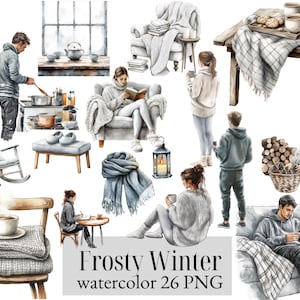 May include: Watercolor illustrations of cozy winter scenes. The image features people in sweaters, reading, drinking coffee, and relaxing. There are also images of a rocking chair, a table with a blanket, and a stack of firewood. The text "Frosty Winter watercolor 26 PNG" is included.