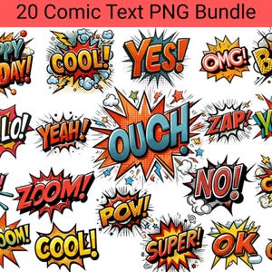Comic Style Text PNG Bundle, Comic Pop Art Clipart, Journal Clipart, Speech Bubble Graphics, Scrapbook Sticker Sublimation Digital