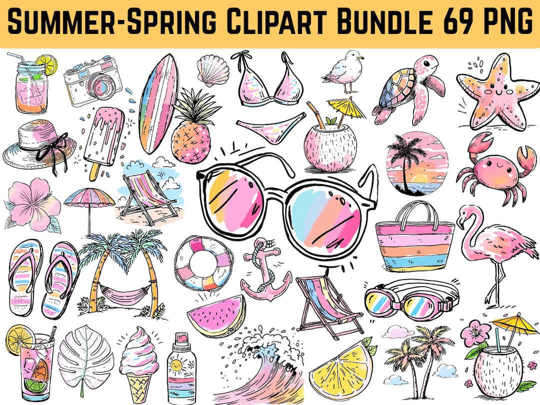 Summer Beach Clipart Bundle PNG, Tropical Vacation Clipart, Spring ...