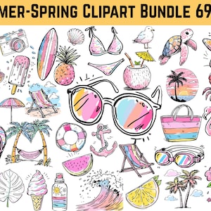May include: A collection of hand-drawn summer and spring-themed clipart, including sunglasses, a surfboard, a camera, a flamingo, a starfish, and a variety of other beach and vacation-related illustrations. The text "SUMMER-SPRING CLIPART BUNDLE 69 PNG" is at the top.