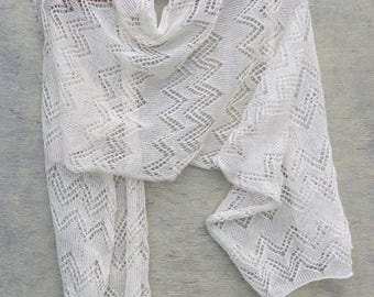 Knit Scarf, knitted linen white lace shawl, light weight summer wrap, handmade thin scarf