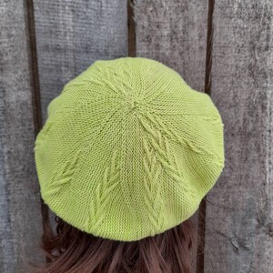 knitted cotton green yellow summer beret, thin slouchy hat image 2