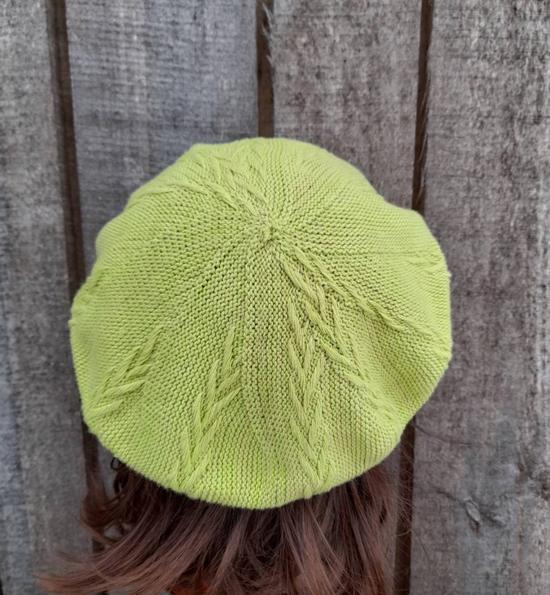 knitted cotton green yellow summer beret, thin slouchy hat image 2