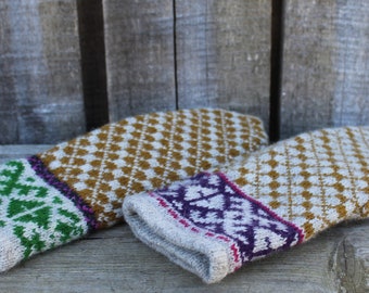 gestrickte warme Wollhandschuhe, Fair Isle Handschuhe, gestrickte Wollfäustlinge, handgemacht braun graue Handschuhe,