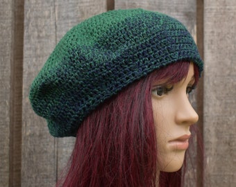 Crocheted cotton French beret, knitting green navy women hat, handmade cap, beanie, classic beret hat