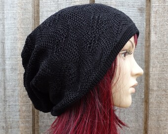knit black cotton hat, knitted thin lace summer hat