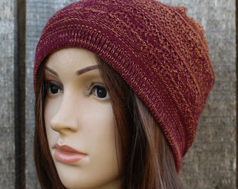 Knitted brown cotton summer hat, knit colorful thin beanie, breathable cap. spring hat