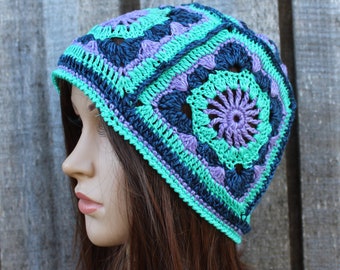 Crocheted colorful beanie hat, breathable cotton granny square hat, handmade summerhat