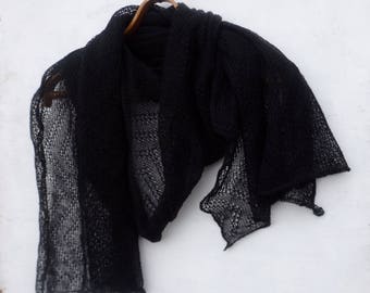 Strick Leinenschal, gestrickte schwarze Spitze Schal, Strick Hochzeit Stola, Brautjungfer Wrap, Frauen Accessoires, Flachs Halswärmer, Leinen Kleidung