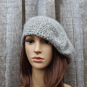 crocheted Gray Soft Mohair Beret, classic autumn hat