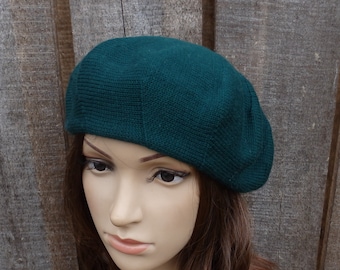 Green beret, knitted unisex wool cap, women French style beret hat, slouch hat