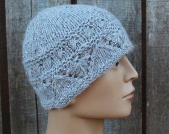 Knitted wool mohair  winter hat, handmade gray beanie hat, hand knit lace cap,