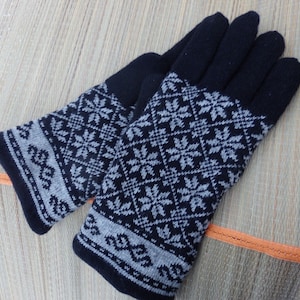 Black gray Fair Isle Wool Gloves, size L knitted hand warmers