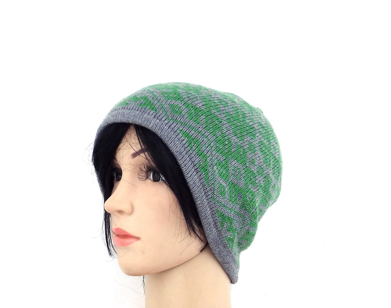 Knitted beanie knitted double winter hat knit wool hat knit head gear colorful patterned gray green cap with lining women men hat