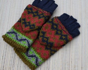 hand knitted envelope wool gloves, knit Latvian gloves with hood, size M women mittens